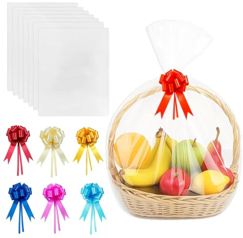 Geschenkfolie Transparent, 7 Geschenktüten Mit Schleifen 60cm x 90cm, Ideal Für Hochzeiten, DIY-Projekte Und Blumenverpackung, Cellophantüten Groß Und Stabil
