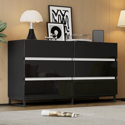 FammyLoft Hochglanz-Sideboard Wohnzimmer mit 6 Schubladen, Buffetschrank mit 3 Metallbeinen, 140×39,5×78,5cm, Modern Wohnzimmerschrank für Esszimmer & Flur, Schwarz+Weiß