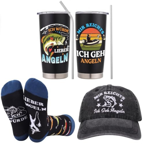 Utensilsto Vatertagsgeschenk Angler Geschenke für Männer,Geschenke für Papa zum Geburtstag,Doppelwandiger Thermobecher,Baseballkappe und Lustige Socken,mit Geschenkbox für Opa Papa Ehemann