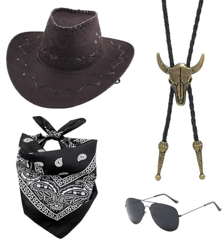 YskerrigToy Cowboy Kostüm, 4PCS Cowboy Kostüm Zubehör Set mit Cowboyhüte Bandana Halskette Brillen Western Cowboys Outfits Accessoires Karneval Kostüms Kit für Erwachsene Maskeraden Cosplay(Schwarz)