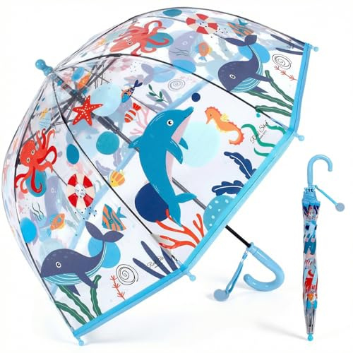 Rylae Regenschirm Kinderschirm Stockschirm Windsicher Robustheit Regen Regenschirm Transparent mit Druck Kinderregenschirm Durchsichtig Junge Mädchen Kuppel-Blasenschirm Durchmesser 70cm