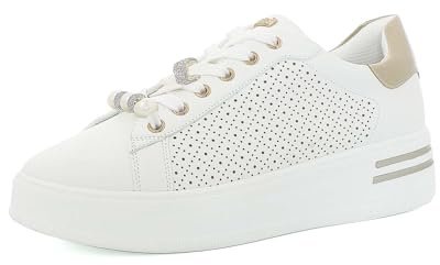 Sneakers Donna con Lacci, Traforo Geometrico, Charm in Perle e Strass