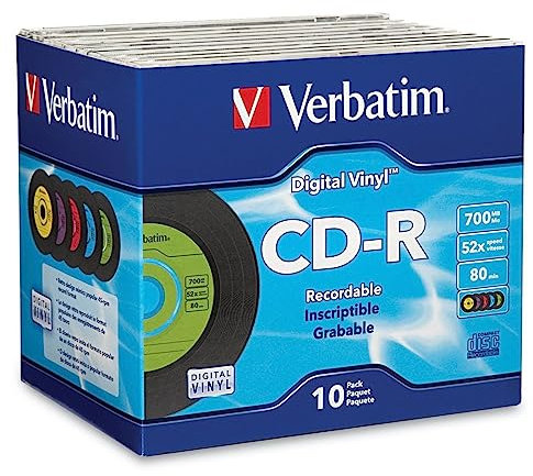 Verbatim CD-R Discos en Blanco de 700 MB 80 min 52X Disco grabable para Datos y música con Superficie de Vinilo Digital – 10 Unidades Slim Case Azul/Verde/Naranja/Rosa/Púrpura
