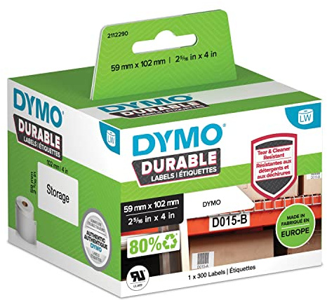 DYMO LabelWriter Etichette resistenti originali | 59mm x 102mm | Poliestere bianco | 300 etichette autoadesive | Alte prestazioni | Per stampanti di etichette LabelWriter
