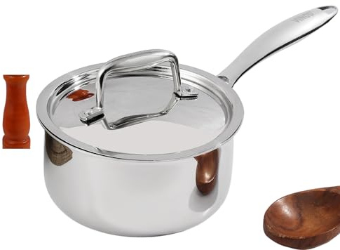 Vinod Platinum Triply Stainless Steel Saucepan with Lid, 1.2 Litre, 14 cm | Induction & Gas Stove Compatible | Ideal for Boiling, Soups, Tea | Even Heat Distribution | Riveted Handle | Silver