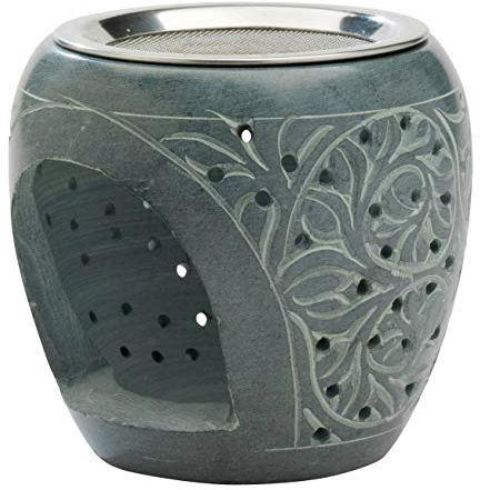 Räucherstövchen aus SPECKSTEIN naturfarben Höhe 8 cm Ø 8,5 cm mit Edelstahl-SIEBEINSATZ zum RÄUCHERN mit TEELICHT Handarbeit aus Indien von MaMeMi