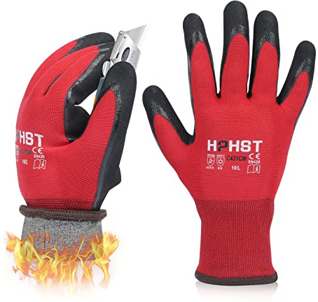HPHST Gants de travail C432CW - Pour homme et femme - Gants d'hiver thermiques - Gants de montage - Grip double couche - Imperméables à l'huile - Gants de jardin (rouge/noir) 9/L