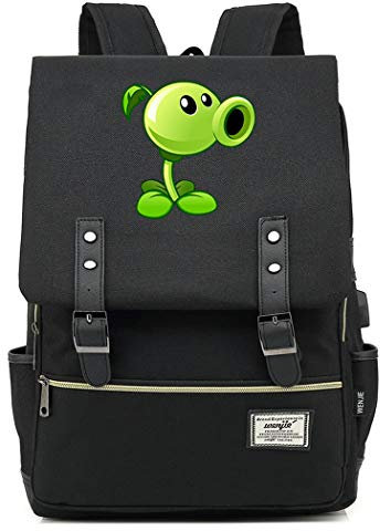 WANHONGYUE Plants vs. Zombies Spiel Backpack Vintage Schulrucksack Schulranzen Studententasche 15,6 Zoll Laptop Rucksack mit USB-Ladeanschluss Black / 1