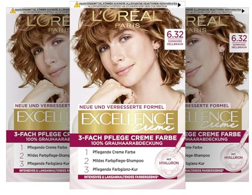 L'Oréal Paris Permanente Haarfarbe, 100% Grauhaarabdeckung, Haarfärbeset mit Coloration, Shampoo und 3-Fach Pflege Creme Farbe, Excellence Creme, Nr. 6.32 Sonniges Hellbraun, 1 x 268 g