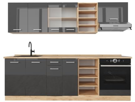 Vicco Küchenzeile R-Line, Anthrazit Hochglanz/Goldkraft Eiche, 240 cm ohne Arbeitsplatte, zur individuellen Erweiterung durch kompatible Module