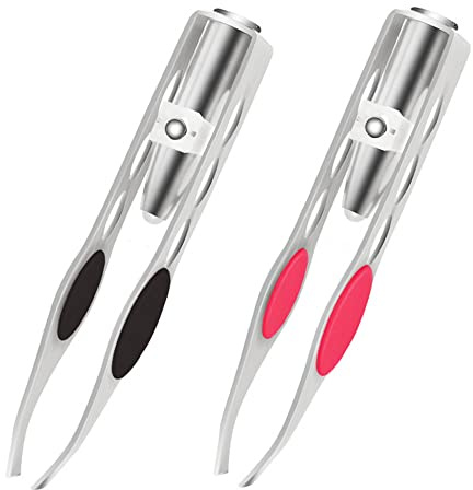 VOANZO 2 st precision med LED-ljus ögonbryn ögonfrans pincett för män kvinnor makeup vård av ögonbryn (svart + röd)