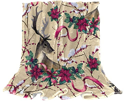 Fleece-Überwurfdecke, Elch, Hirsch, Rose, rote Blume, für Couch, leicht, Plüsch, flauschig