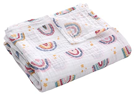 Miracle Baby Mussola,150 * 100cm,Coperta in cotone, Telo bagno, Regalo per bambini, Copertura per allattamento (Arcobaleno, singolo strato)