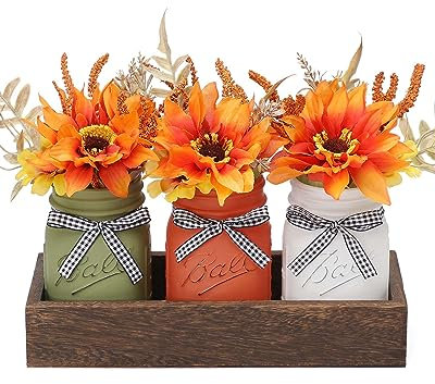 Fall Mason Jar Centerpiece for Table with Wood Tray & Artificial Flowers, Set of 3 Mason Jars Farmhouse Decor Painted Decorative Jars for Thanksgiving Home Decor, Living Room, Kitchen Coffee Table