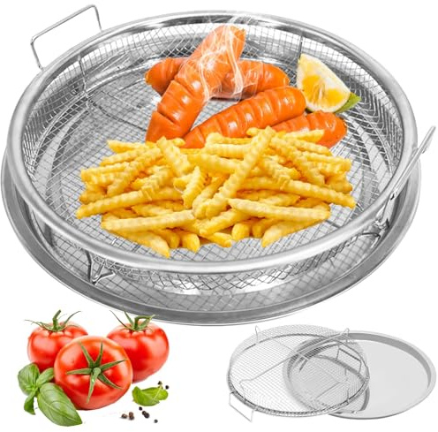 Air Fryer Basket for Oven,2 Pieces Set Round Silver 12'' Non-Stick Steel Mesh Air Fryer Baking Tray Accessories Rack Roasting Grill Basket for Convection Oven Air Fryer, Dishwasher Safe