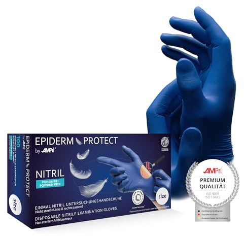 AMPRI Nitrilhandschuhe, Low Derma, metallblau, 100 Stück/Box, Größe XL, puderfrei, EpidermProtect by Med-Comfort: Nitril Einmalhandschuhe, Einweghandschuhe in den Größen XS, S, M, L, XL
