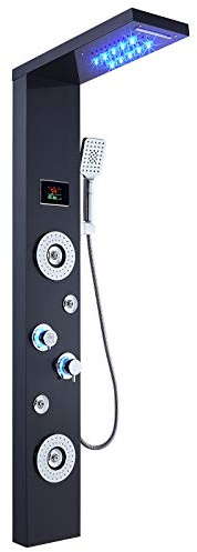 ELLO&ALLO LED Rainfall Waterfall Shower Head Rain Massage System with Body Jets Stainless Steel Bathroom Shower Panel Tower System, Brushed Black