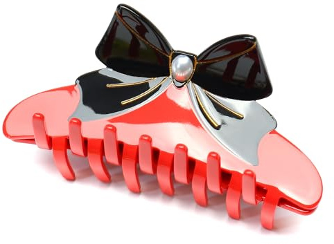QinGoo Groß Haarklammer mit Schleife Haarspange für Damen Damen, Rot | Hochwertiges Acetat, 11cm, abgerundete Zähne, stabiler Halt für lange dickes Haar, ideal für Alltag, Büro, Ausflüge