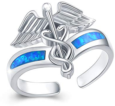 ZIPPICE Anillos dobles de cetro de serpiente, anillos mágicos de bruja de plata de ley, anillos de enfermera, ópalo de fuego azul, anillo de serpiente abierto ajustable para mujeres, Plata de ley