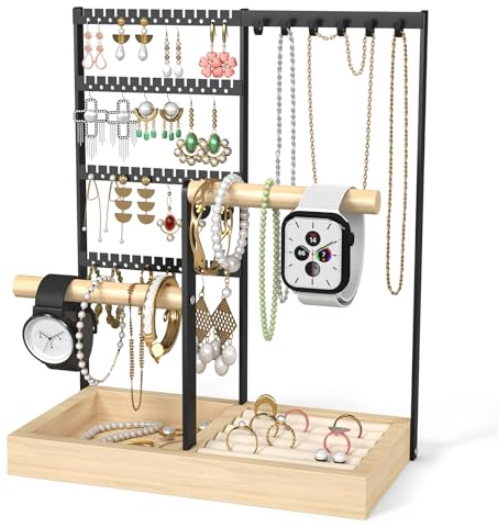 ADWOLT Schmuckständer, Halskettenhalter, 4-stöckiger Schmuckturm, Ringhalter, Halskettenständer, Display mit Ohrringablage und Löchern, Halsketten zum Aufhängen, Baum(Schwarz)