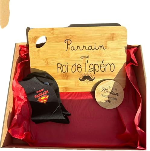 Cadeau Parrain Original – Box Cadeau avec Planche Apéro en Bois 20x30 cm, Dessous de Verre et Paire de Chaussettes Super Parrain | Idée Cadeau Pour Noël, Anniversaire ou Fête des Parrains