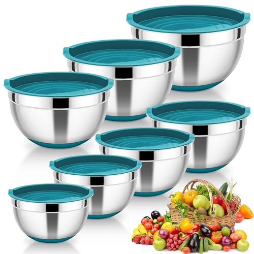 HaWare Rührschüssel 7er Set, Edelstahl Schüssel Salatschüssel mit Luftdichtem Deckel und Silikonboden, Ideal zum Kochen Backen, Spülmaschinenfest, 4,6L /3,5L /2,8L /2,5L /1,5L /1,2L /0,7L - Blau