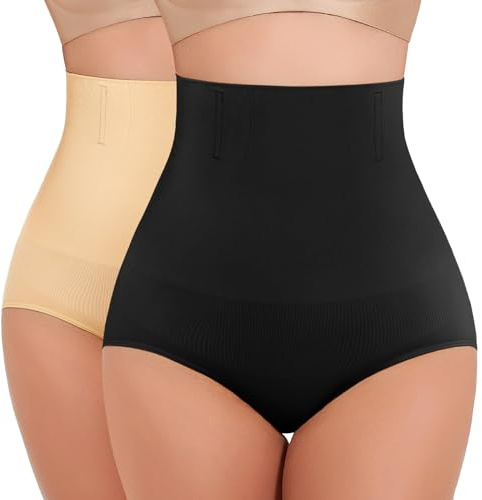 Xnova Faja Reductora Mujer Adelgazante Invisible Bragas Fajas Moldeadora y Reductora Abdomen Cintura Alta Braguitas sin Costuras Vientre Plano Body Shaper, 2 Piezas Negro + Beige, L