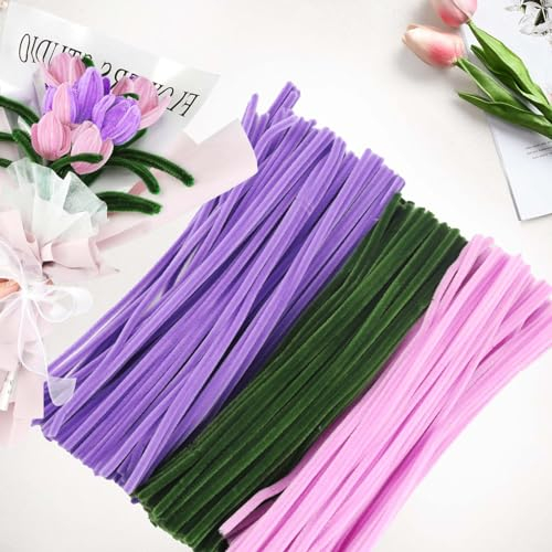 300 Stück Tulpe Blumenstrauß Pfeifenreiniger Set, 3 Farben Biegeplüsch Chenilledraht Basteldraht, Pfeifenreiniger Blumen Set für DIY Projekte Bastelzubehör