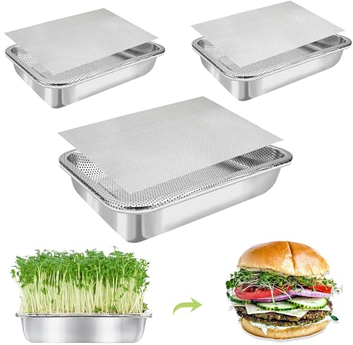 TCYPUHL Sprossenschalen aus Edelstahl für Sprossen, 3-stöckig, 31,5 cm, Microgreens Anzuchtschalen, Samen-Keimschale, Sprossen-Maker mit verschlüsselten Gittersprossen für Bohnen, Alfalfa, Brokkoli
