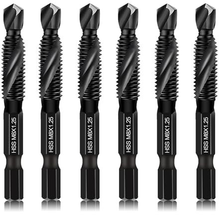 6 Packs M8 Drill & Tap Bit Set, Combination Screw Tapping Threading Tools in Size M8*1.25 with Anti-rust Black Coating, 6mm Hex Shank and Storage Case