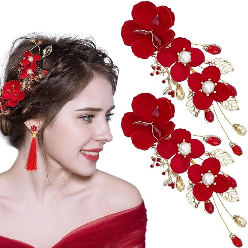 Lot de 2 pinces à cheveux en forme de fleur rouge - Épingles à cheveux avec perles de cristal - Accessoires de mariage pour femmes et filles - Pour Halloween, Noël, bal de fin d'année