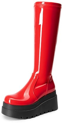 DREAM PAIRS Women's Platform Knee High Round Toe Boots,Size 8.5,Red-Pat