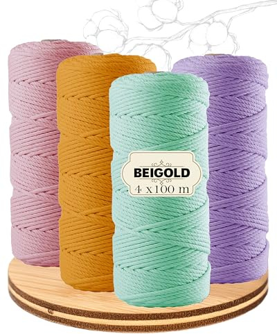 BEIGOLD® Makramee Garn (3mm x 100m) - 4er Set Frühling (Rosa + Orange + Türkis + Lila/Flieder)