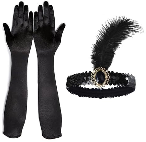 SSKHE 2Teiliges 20er Jahre Accessoires,Flapper Stirnband und Handschuhe Damen.1920 Zubehör Set,Satin Classic Abendhandschuhe,Stirnband Handschuhen Great Gatsby Party Kostüme