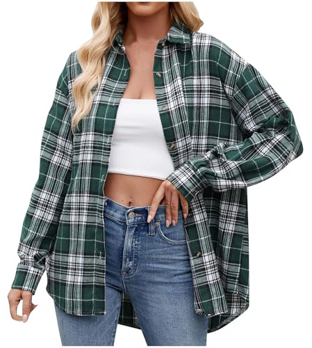 Keepink Chemises à carreaux pour femme avec imprimé classique - Boutonnées à manches longues - Blouse ample avec poches - Veste-chemisier en flanelle - Chemises décontractées pour l'automne, M