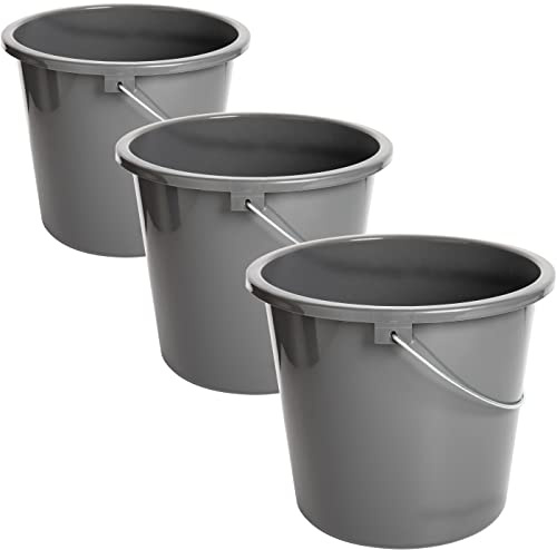 Putzeimer Modell Grey, 10L Haushalteimer, 3er Set, Wischeimer mit MeÃŸskala und Metallgriff, Putzkübel aus Kunststoff, Plastikeimer ohne BPA, Wascheimer grau, langlebig, vielseitig und robust,