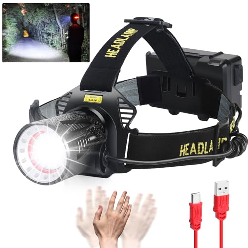 PARAROSE Stirnlampe Wiederaufladbar, High Lumen Superhelle Stirnlampe für Erwachsene mit Bewegungssensoren, 7 Modi, Zoombar, IP68 Wasserdichte Kopflampe für Camping Jagd Angeln