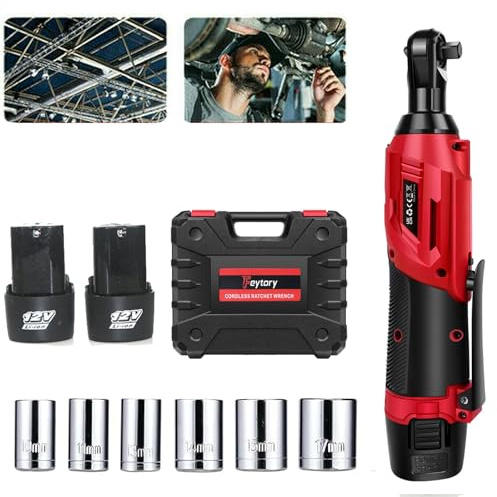 DayPlus Clé à cliquet électrique sans fil 2300 tr/min 12 V Power avec 7 sockets, 2 batteries Li-ion 1,5 Ah et chargeur rapide, rouge