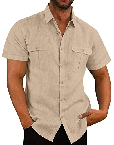 Leinenhemd Herren Kurzarm Hemd Sommer Freizeithemd Mit Brusttasche Button Down Regular Fit Kurzarmhemd Businesshemd Männer Einfarbig Basic Baumwolle Leinen Shirt