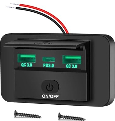 Daakro 72W USB Ladebuchse 12V Autoladegerät Grün Licht Dual QC3.0 USB & PD3.0 Typ C Handy Schnellladegerät Wasserdicht mit Schalter für 12 V / 24 V Wohnwagen, Auto, Motorräder, LKWG