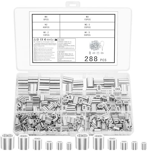 Tenbrachian 288 Wire Rope Crimp Sleeves, Aluminum Crimping Loop Sleeves, Wire Rope Crimping Sleeves, Double Ferrule Wire Clamp Fittings, Cable Crimps Sleeves for Wire, 3/64 1/16 5/64 3/32 1/8 5/32