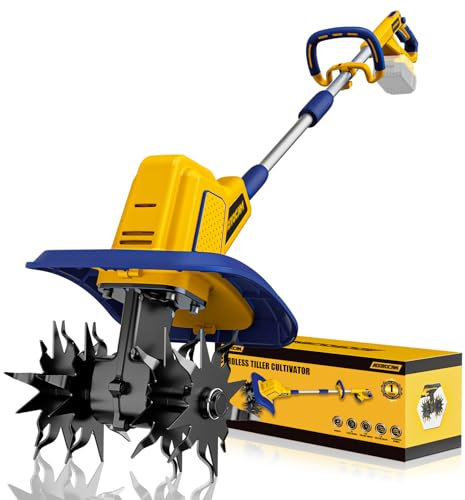 Cordless Tiller Cultivator Compatible with Dewalt 20V Battery(Tool Only), 360RPM Battery Powered Garden Cultivator, 9In Tilling Width & 7In Depth Tiller for Gardening