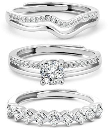 ALEXCRAFT Rings Women Set Womens Rings Ster Silver Adjustable Ring For Women Set With Cubic Zircon Stones Stackable