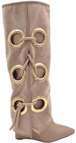 Stivali Donna Alti in camoscio Beige Applicazioni Oro Modello Shark Risvolto Fino a Terra Zeppa 10 cm con Zip (39 EU)