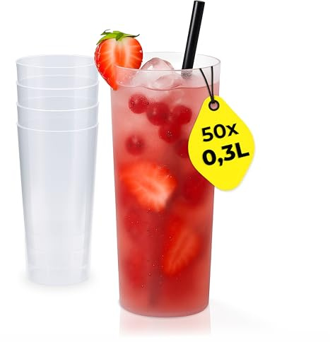 Silverkitchen 50x Longdrink Plastikbecher 0,3 L – Stapelbare Mehrweg Partybecher - Spülmaschinenfeste Hartplastik Becher für Events, Partys & Gastro