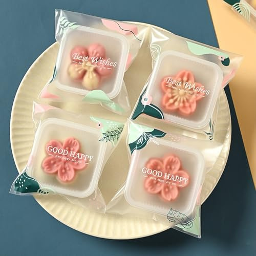100pcs Self-adhesive Cookie Bags Clear Cellophane Bag,Bakery Bags Pastry Packaging for Mooncakes, Cupcakes & Cookies(S)