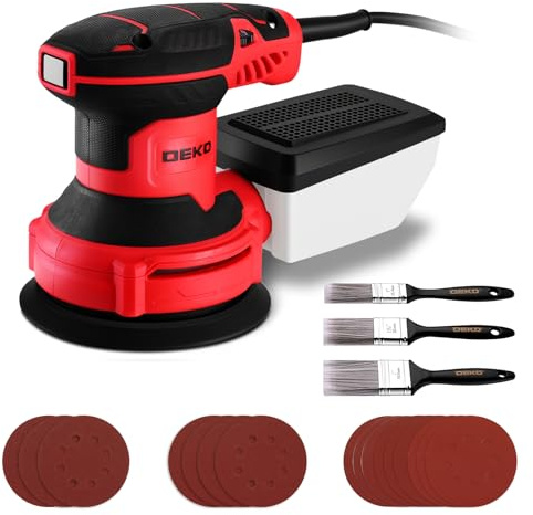 Electric Orbital Sander for Wood: DEKOPRO Sanding Machine with Dust Collector,16Pcs Sandpapers, 6 Variable Speed 14000RPM, 125MM Hand Tool, 3*Flat Paint Brushes,Fit for Woodworking/Sanding(Red)