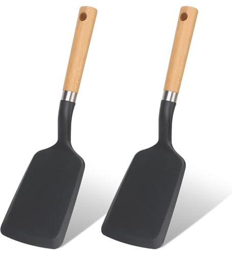 Svailse Silicone Spatula Turner, Heat Resistant Pancake Flipper Spatulas for Nonstick Cookware, Cooking Utensils with Wood Handle for Serving, Baking, Frying, Egg, Fish and Burger (2, Black)