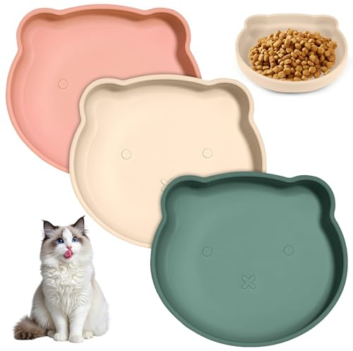 Katzennapf Flach, Silikon Futternapf Katze mit Saugnapf, Katzen Napf 3 Stück Napf Katze Flacher Breit Trinkschale Katzenschüssel für Trockenfutter Nassfutter, Katzenteller für Katzen Hasen Hunde