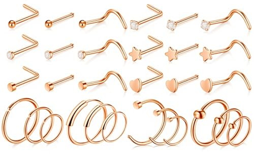 LOCCY 21-30 Stück 20G Nasenpiercing, 316L Edelstahl Nasenring Nasenstecker Silber/Gold Screw/Straight/L-Form Nasenpiercing mit Zirkonia Nostril Piercing Schmuck für Frauen Männer